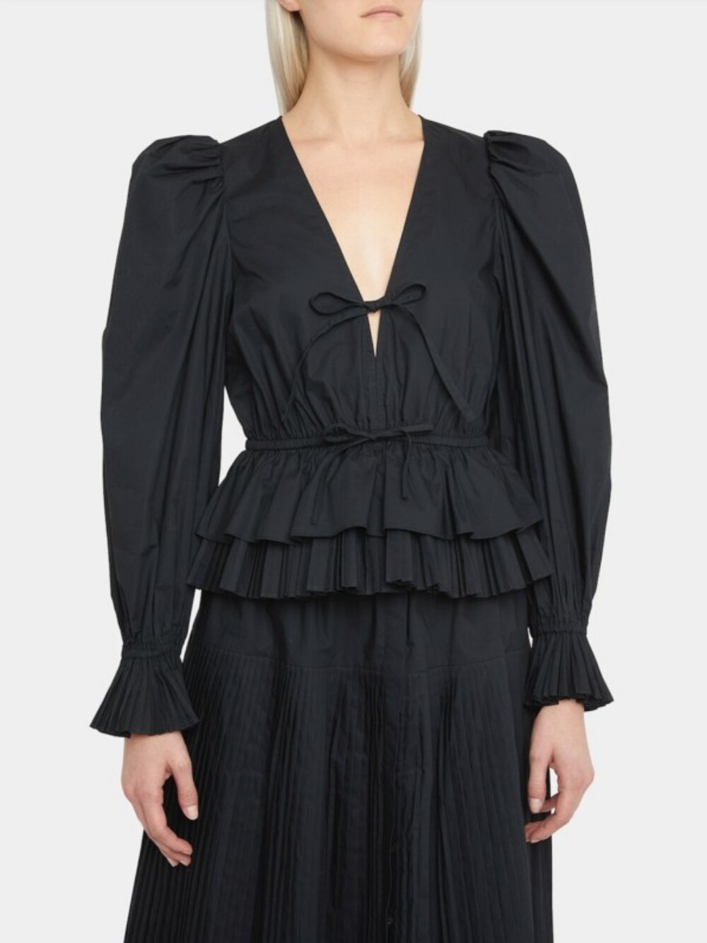Ulla Johnson Ren Black Cotton Poplin Puff Sleeve Peplum Blouse 0 XS Boho